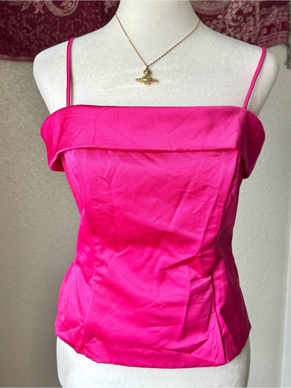 Hot Pink Spaghetti Strap Satin Formal Y2K 2000s Women’s Medium Going Out Top